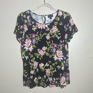 J Jill Wearever Black Floral Short Sleeved Top |‎ Petite Small